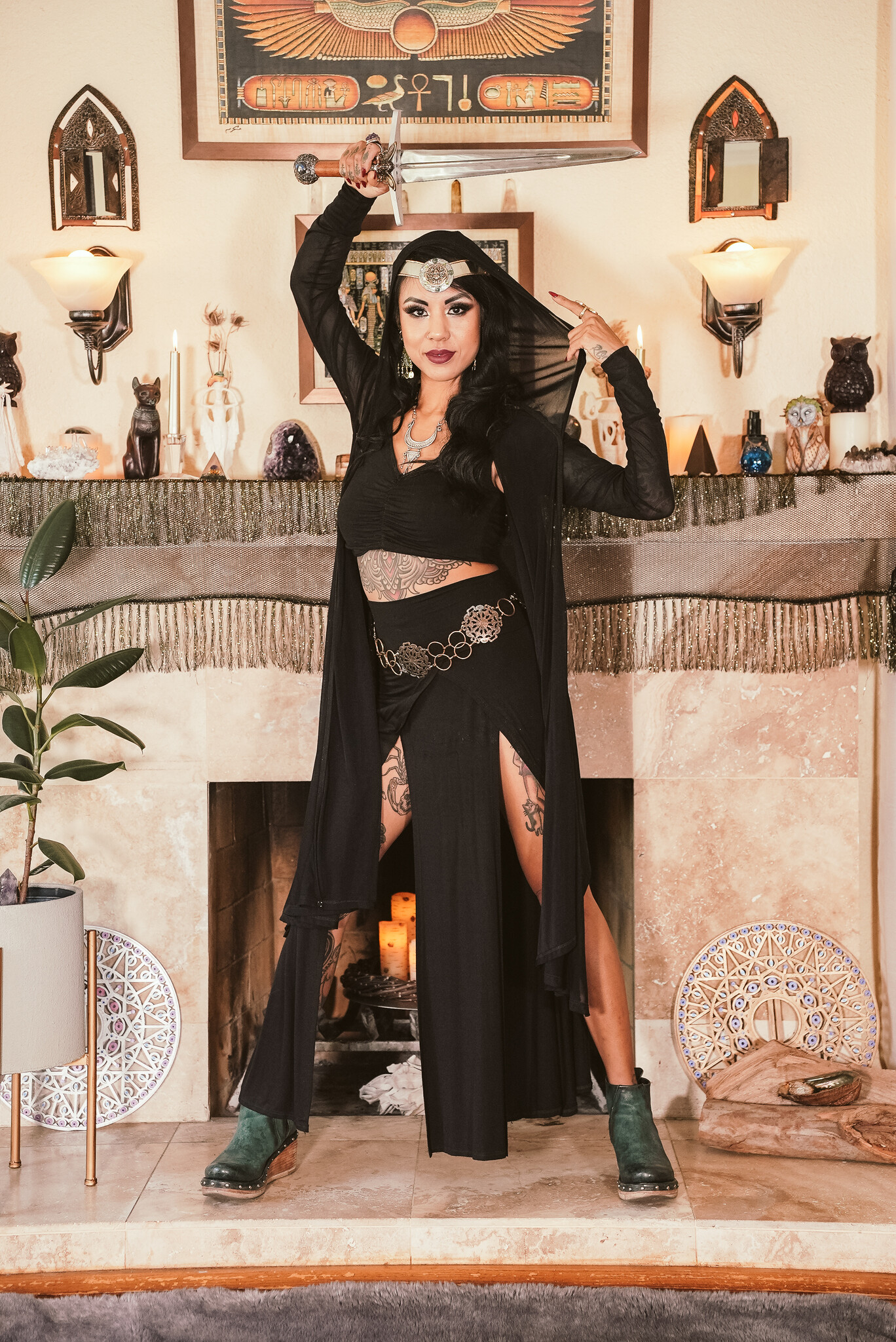 Hooded Mantle Wrap: Mesh + Black