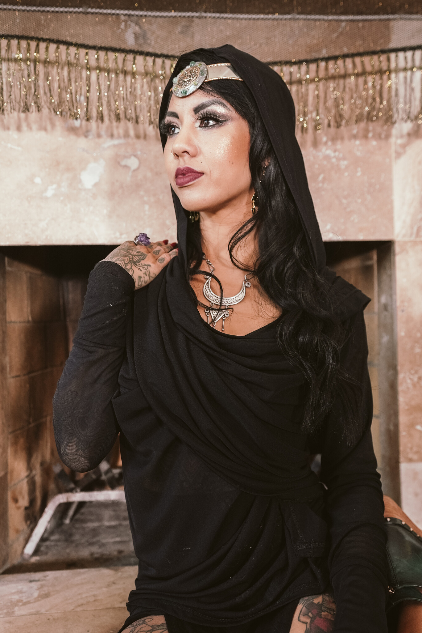 Hooded Mantle Wrap: Mesh + Black