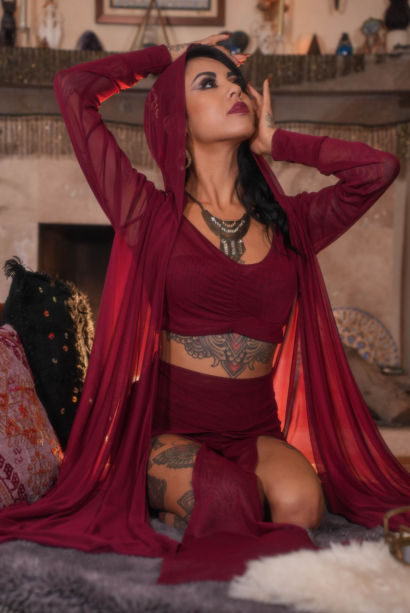 Hooded Mantle Wrap: Mesh + Crimson