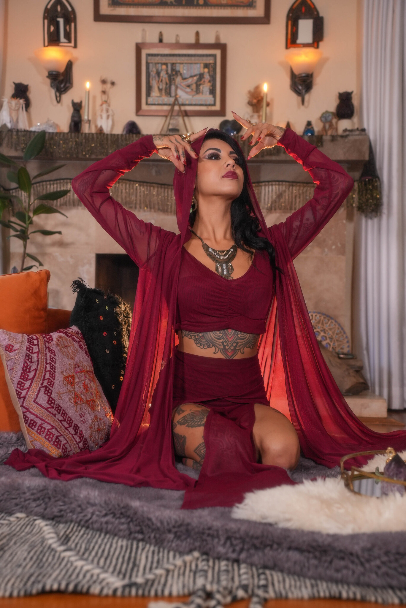 Hooded Mantle Wrap: Mesh + Crimson