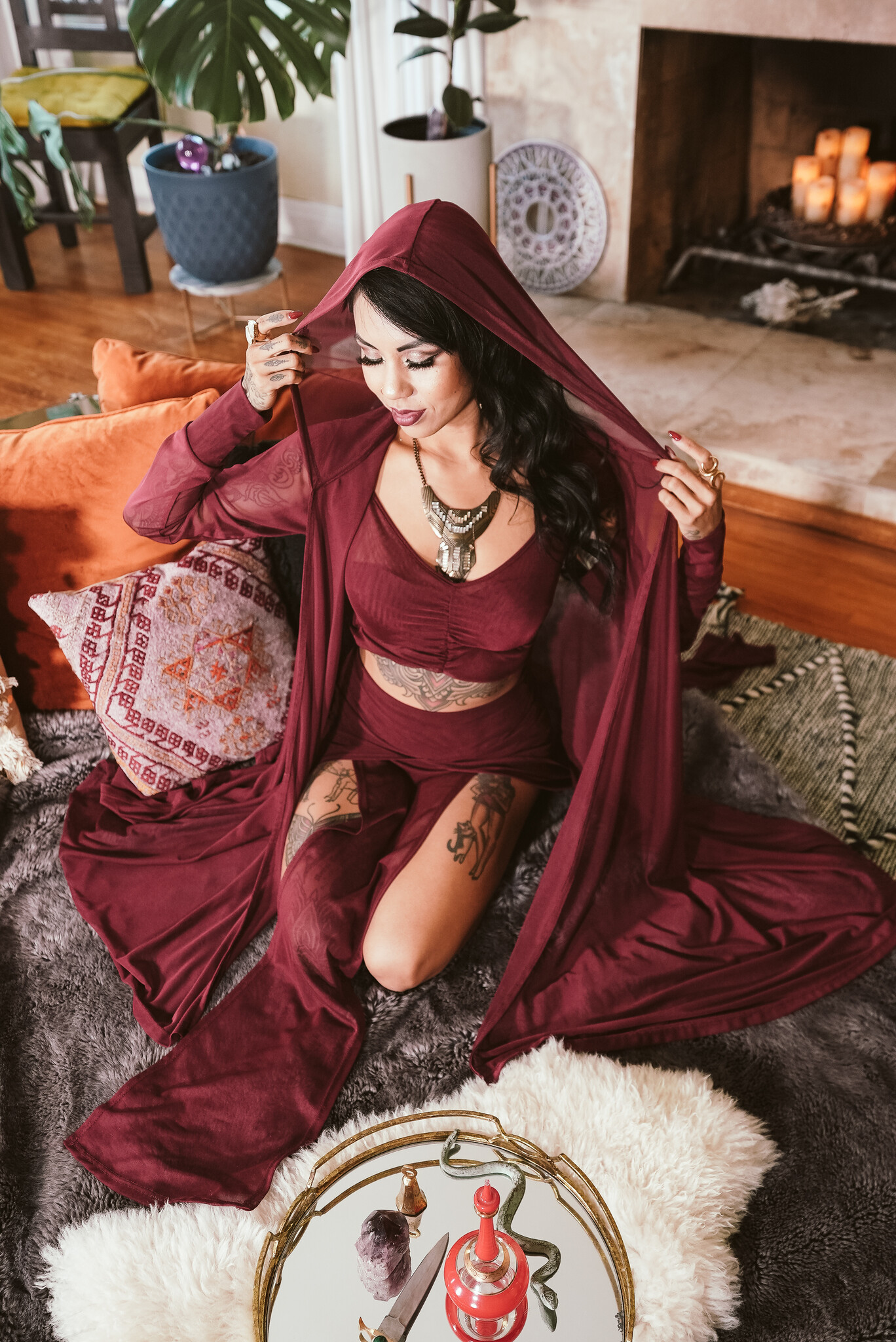 Hooded Mantle Wrap: Mesh + Crimson