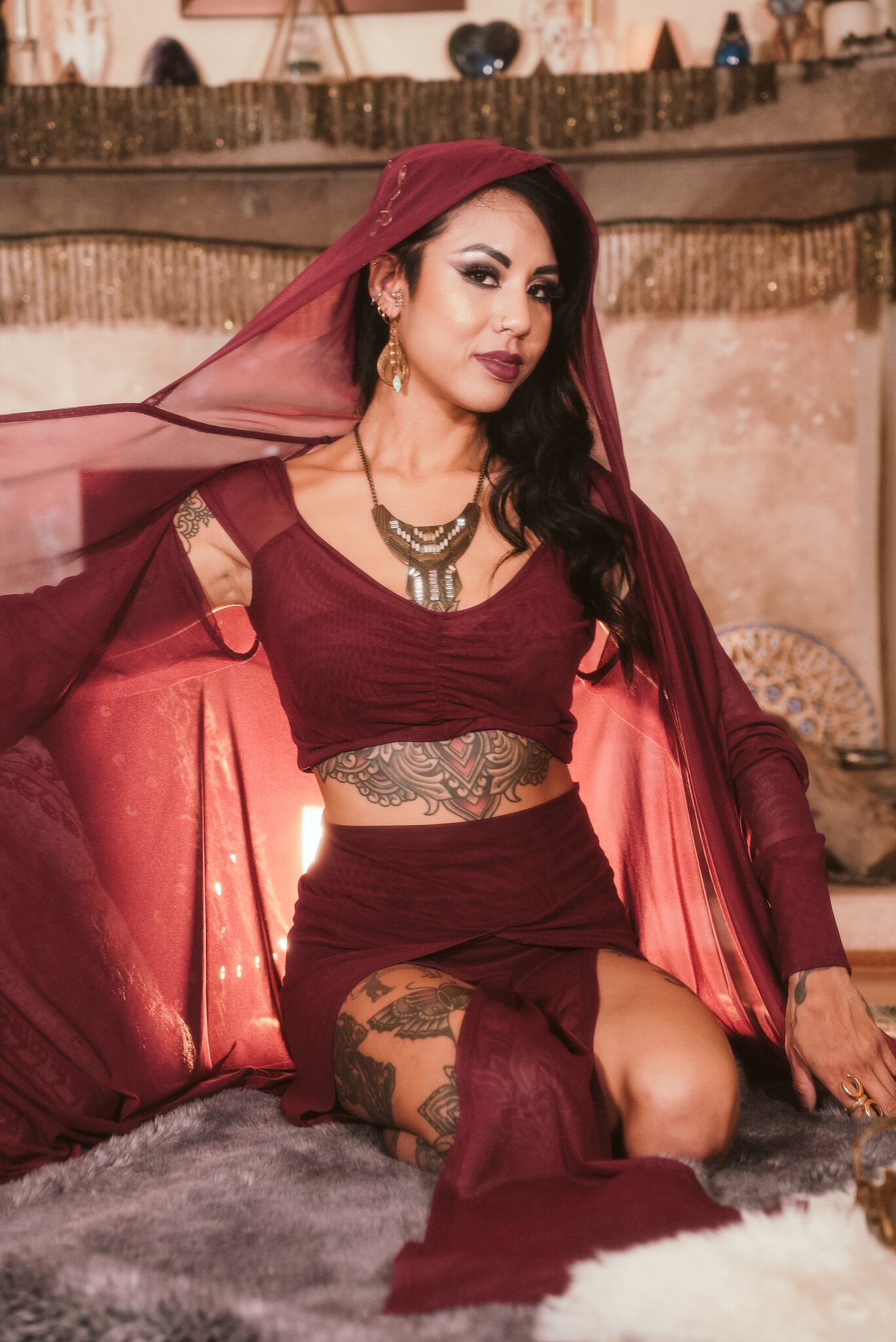 Hooded Mantle Wrap: Mesh + Crimson