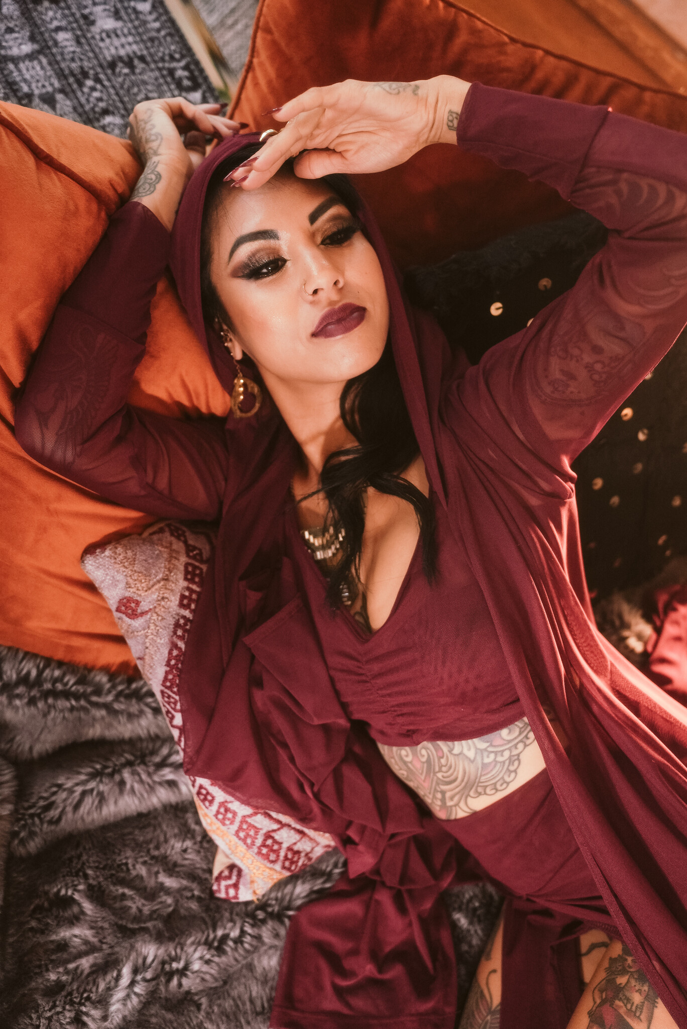 Hooded Mantle Wrap: Mesh + Crimson