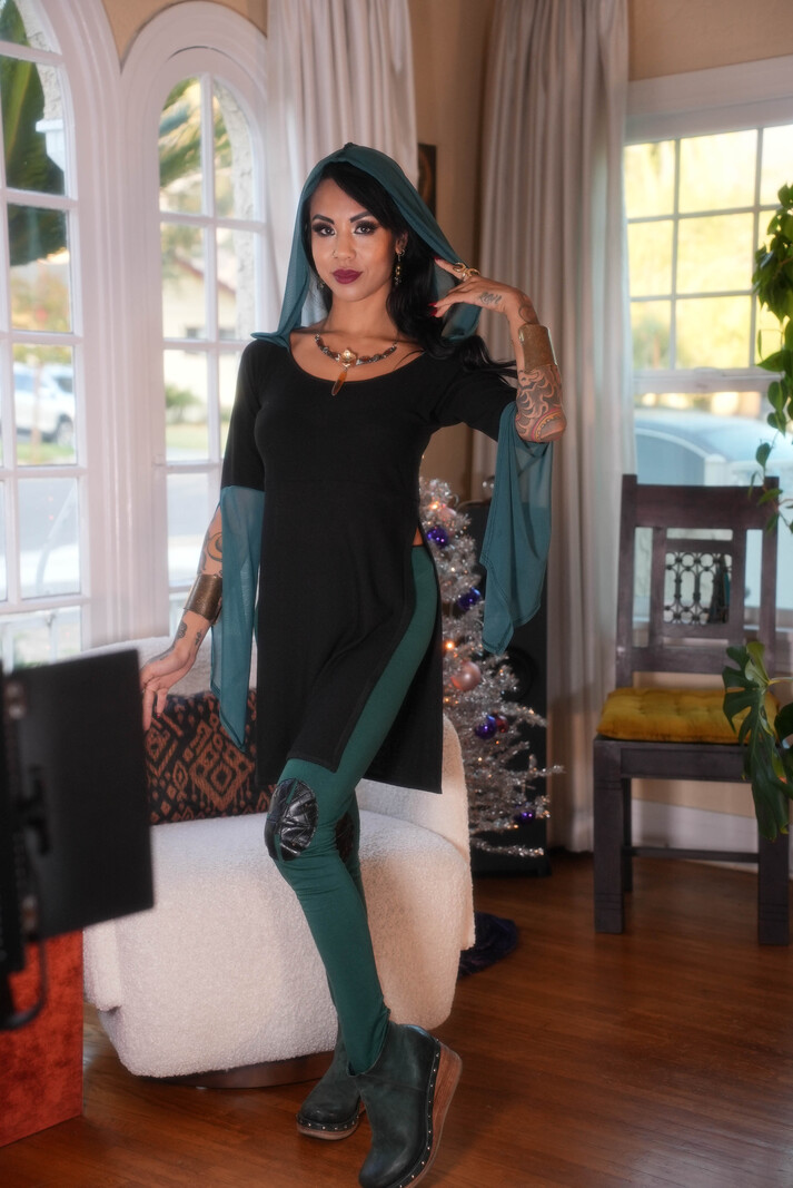 Hooded Tunic Top: Contrast Black + Clover