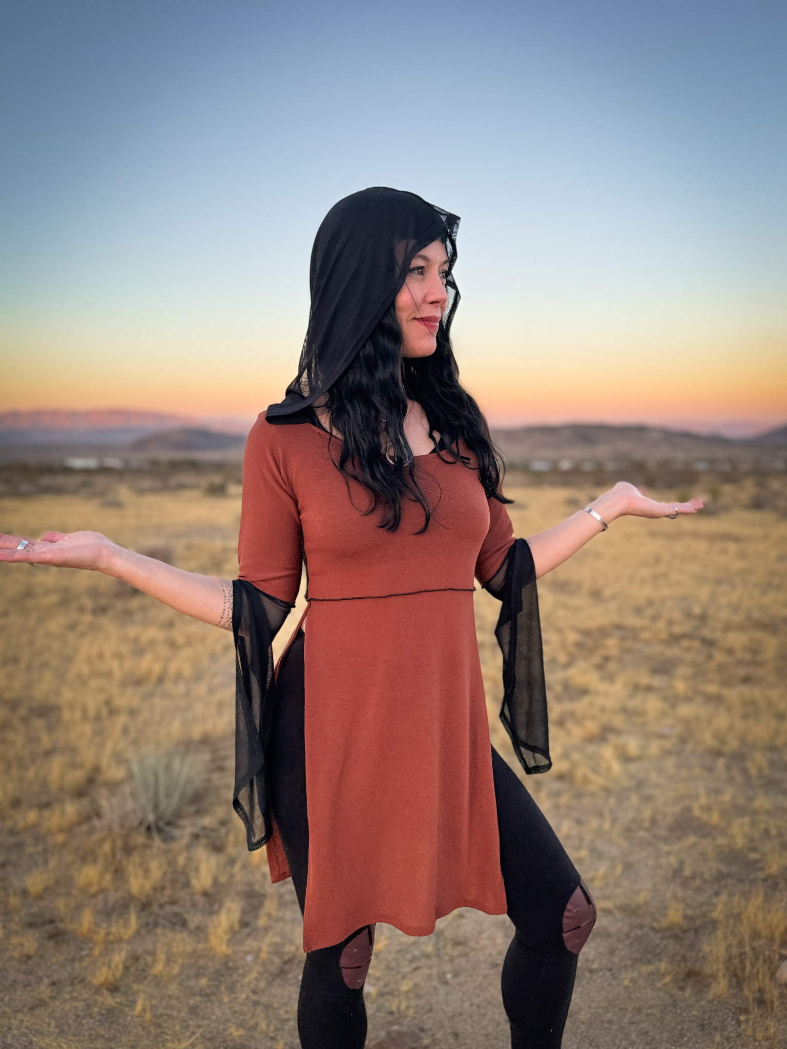 Hooded Tunic Top: Contrast Mocha/Black