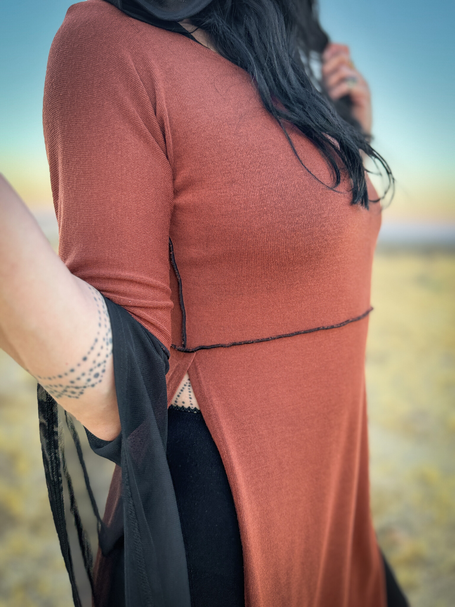 Hooded Tunic Top: Contrast Mocha/Black