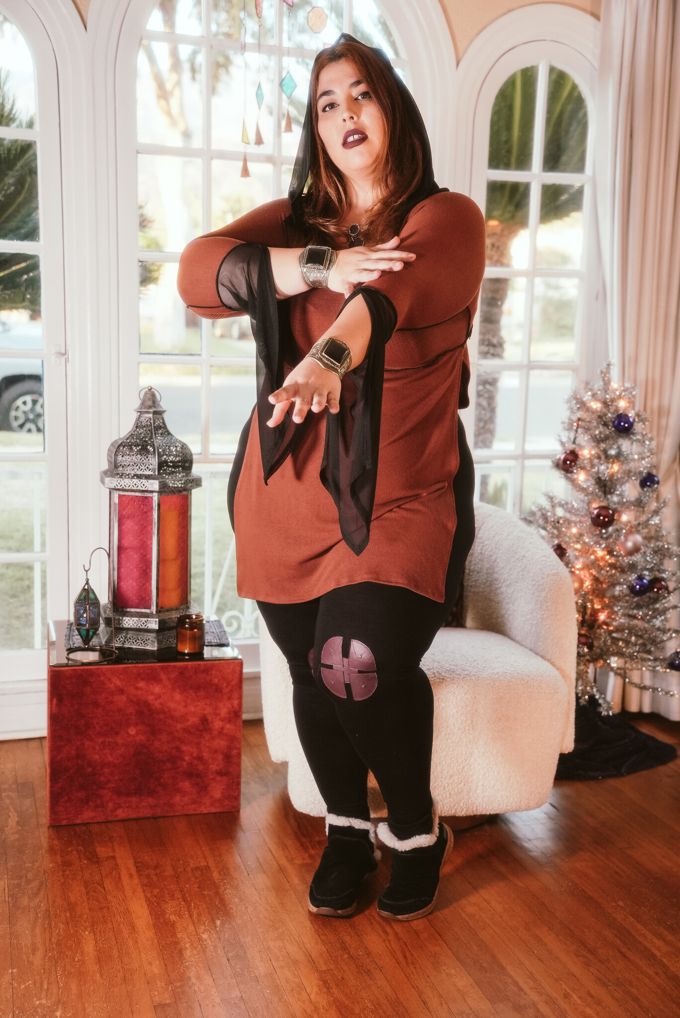 Hooded Tunic Top: Contrast Mocha/Black