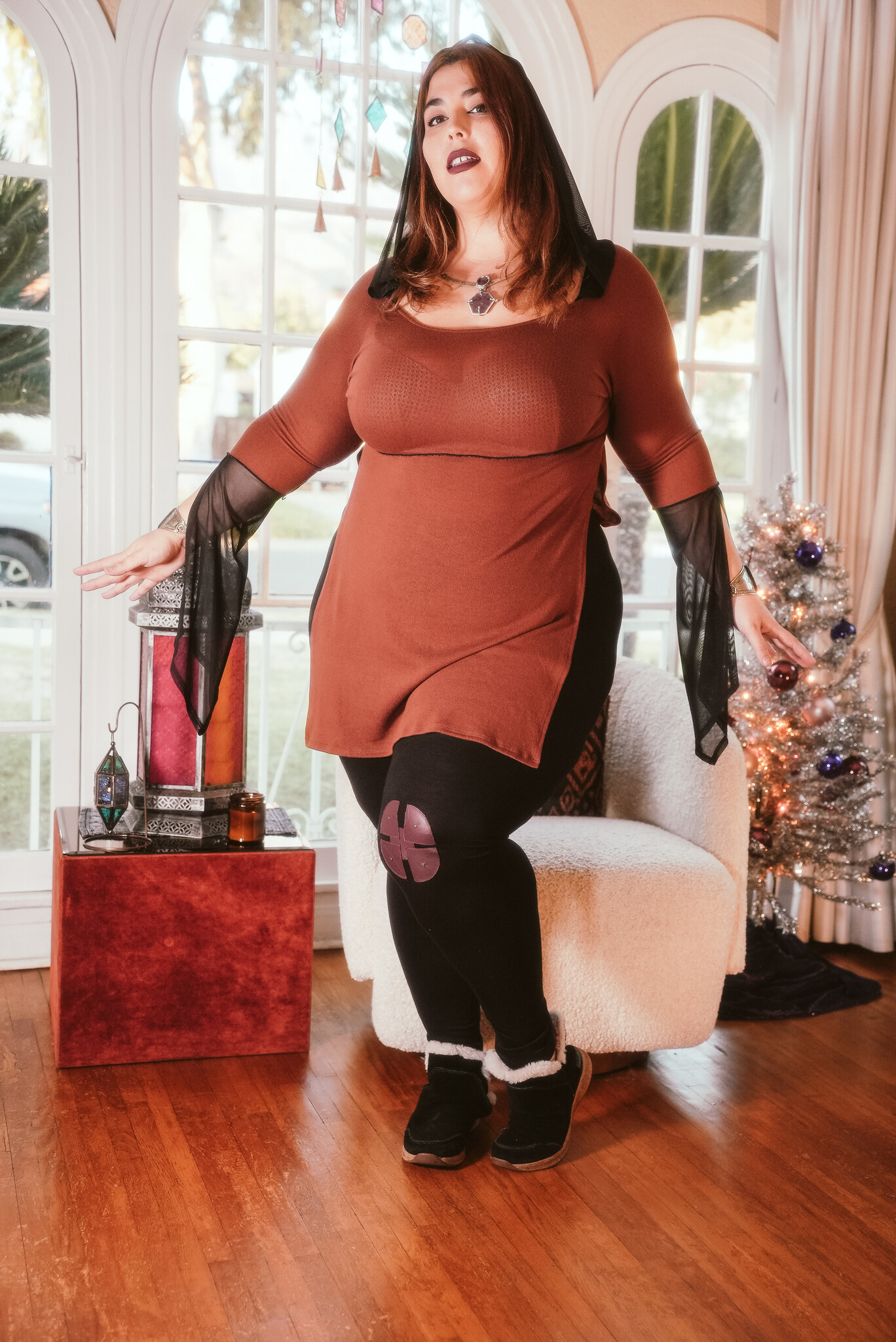 Hooded Tunic Top: Contrast Mocha/Black