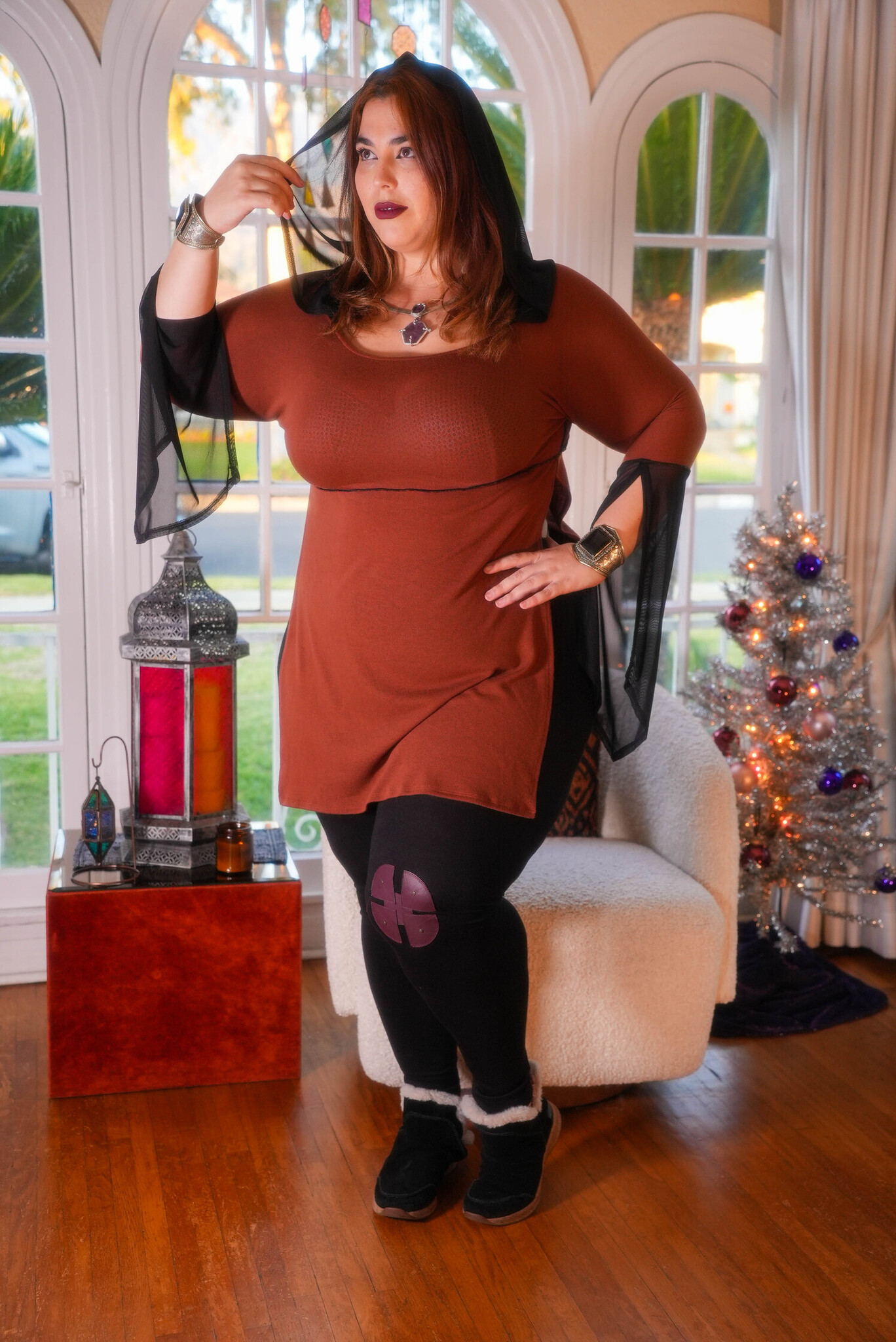 Hooded Tunic Top: Contrast Mocha/Black