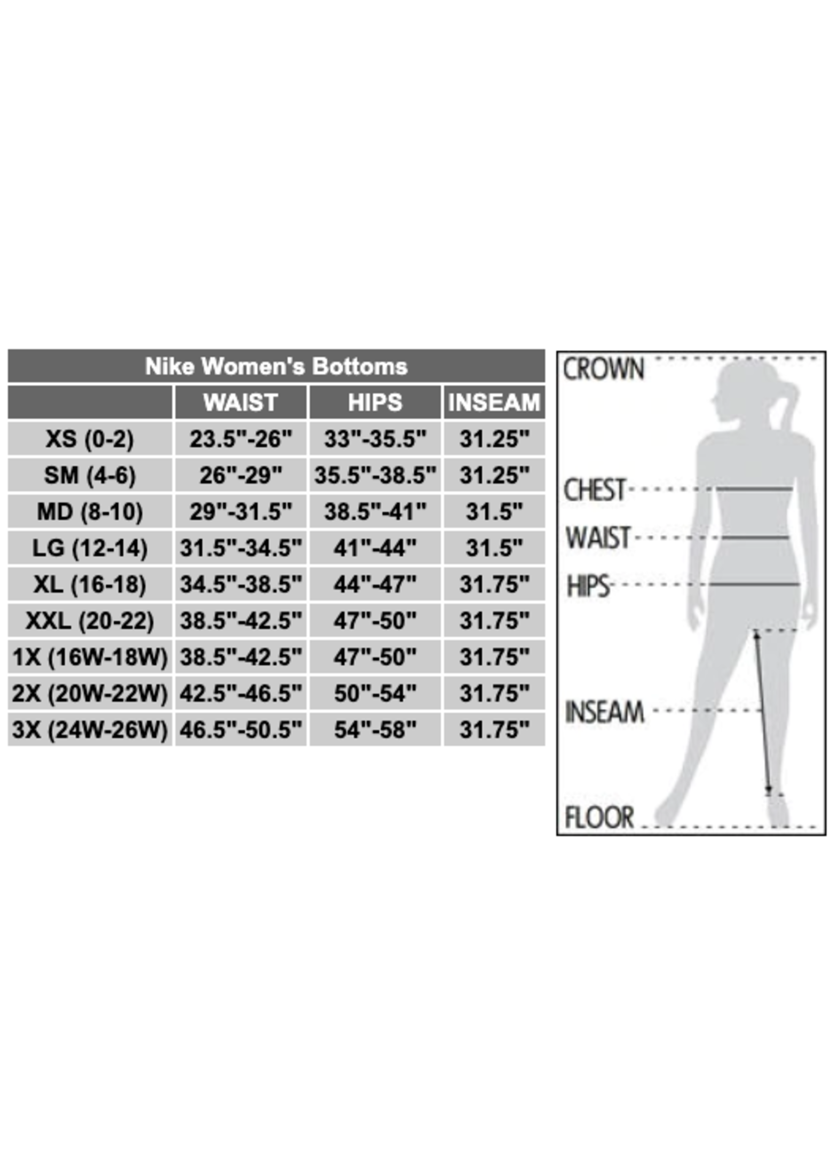 Nike Women's Bottoms Size Chart