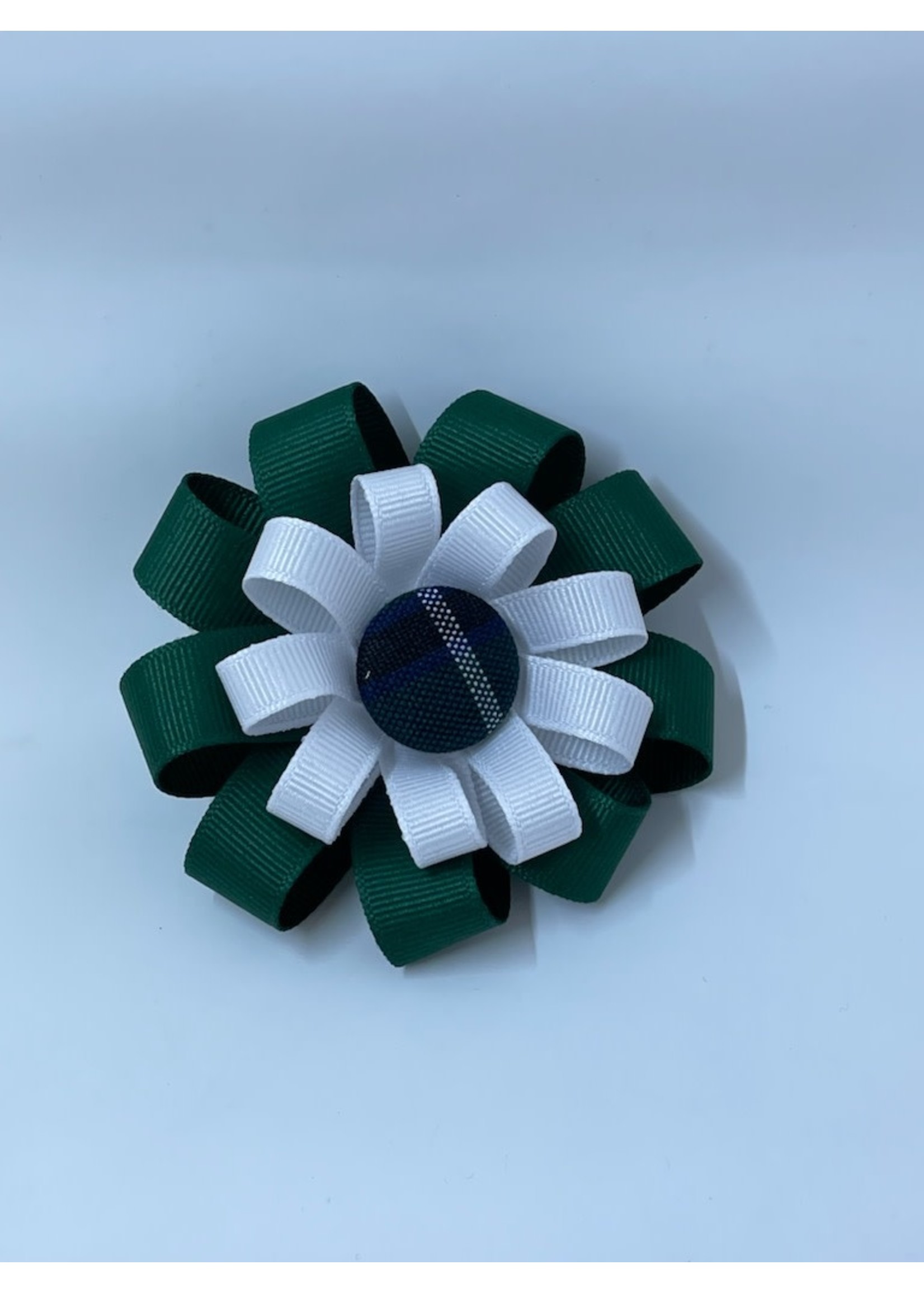 UNIFORM Hair - Button Flower Bow with Ribbon, SJB, Plaid 3 1/2" wide