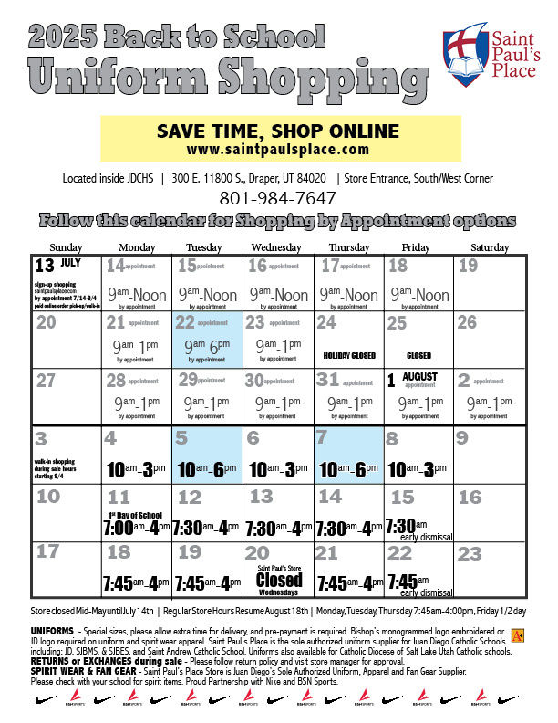 SPP Back to School Shopping Calendar