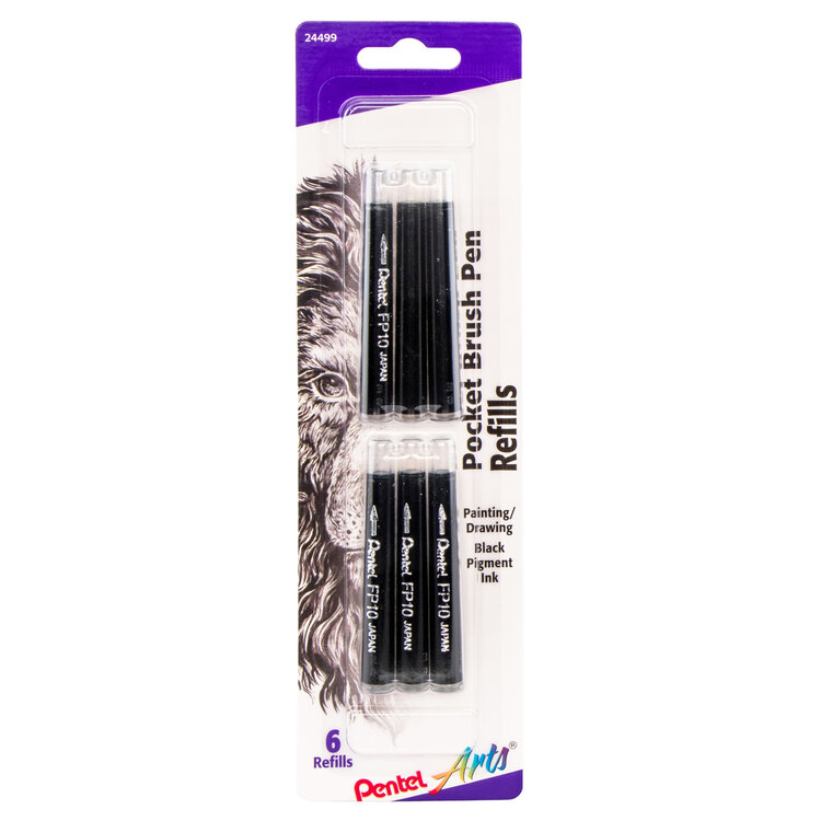 PENTEL PENTEL POCKET BRUSH REFILL 6 PACK BLACK