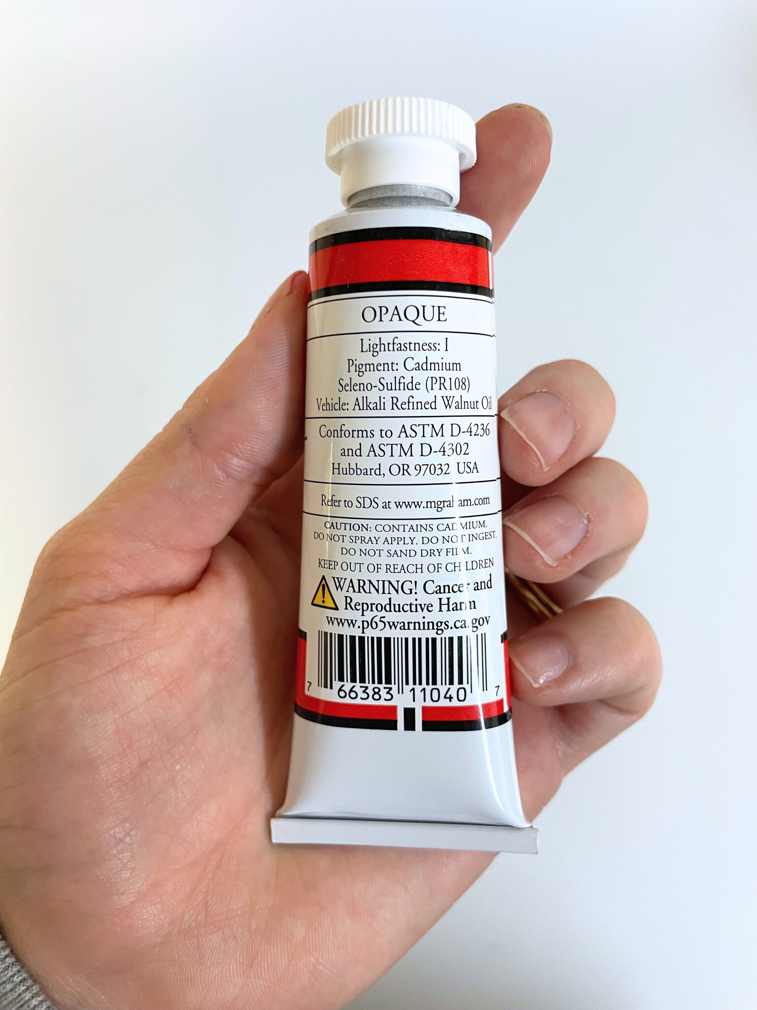 Warning Label on the Cadmium red oil paint from M. Graham