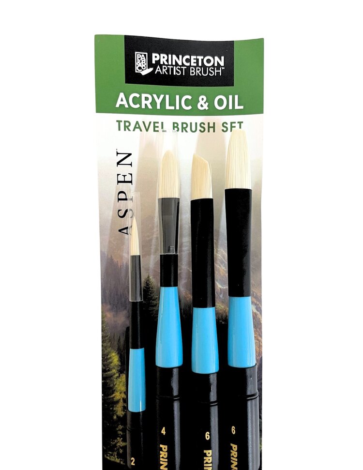 PRINCETON ART & BRUSH CO Aspen Travel 4 Piece Brush Set with Leather Wallet (Angle Bright 6, Filbert 4, Flat 6, Round 2)