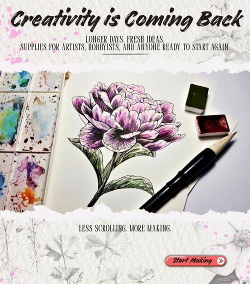 Hand-painted flower with watercolor supplies encouraging customers to start creating again.