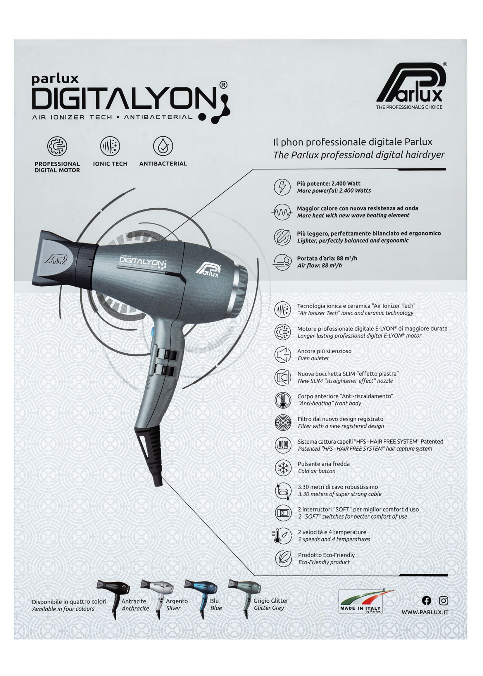 Parlux DigitAlyon Air Ionizer 2400W Tech Hair Dryer - Glitter Grey - EV  Hair and Beauty
