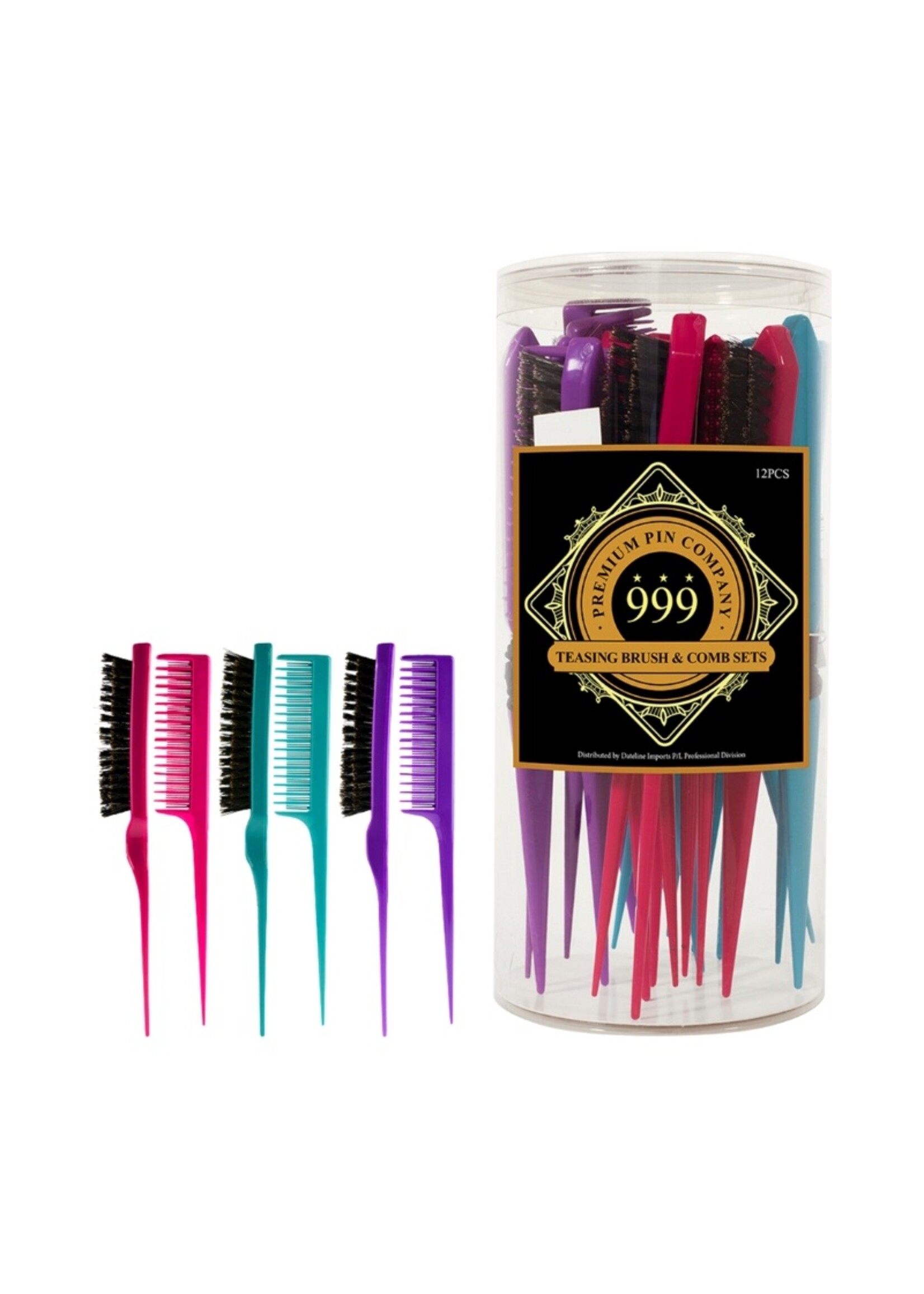 999 Premium Pin Company 999 Teasing Brush & Comb Duos Coloured Tub 12pcs