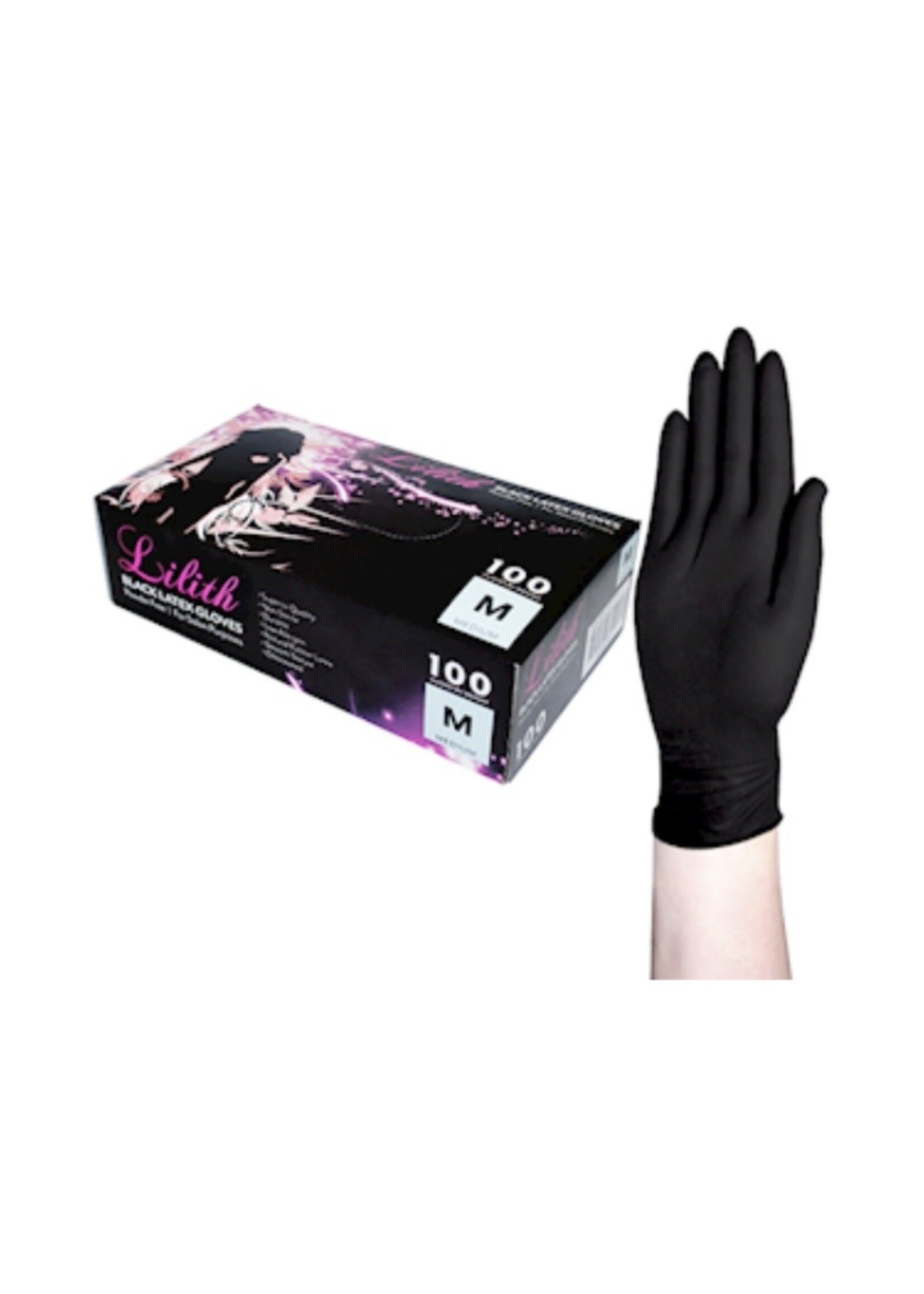 Lilith Salon Latex Gloves - Powder Free - Black - Medium - Box 100pcs