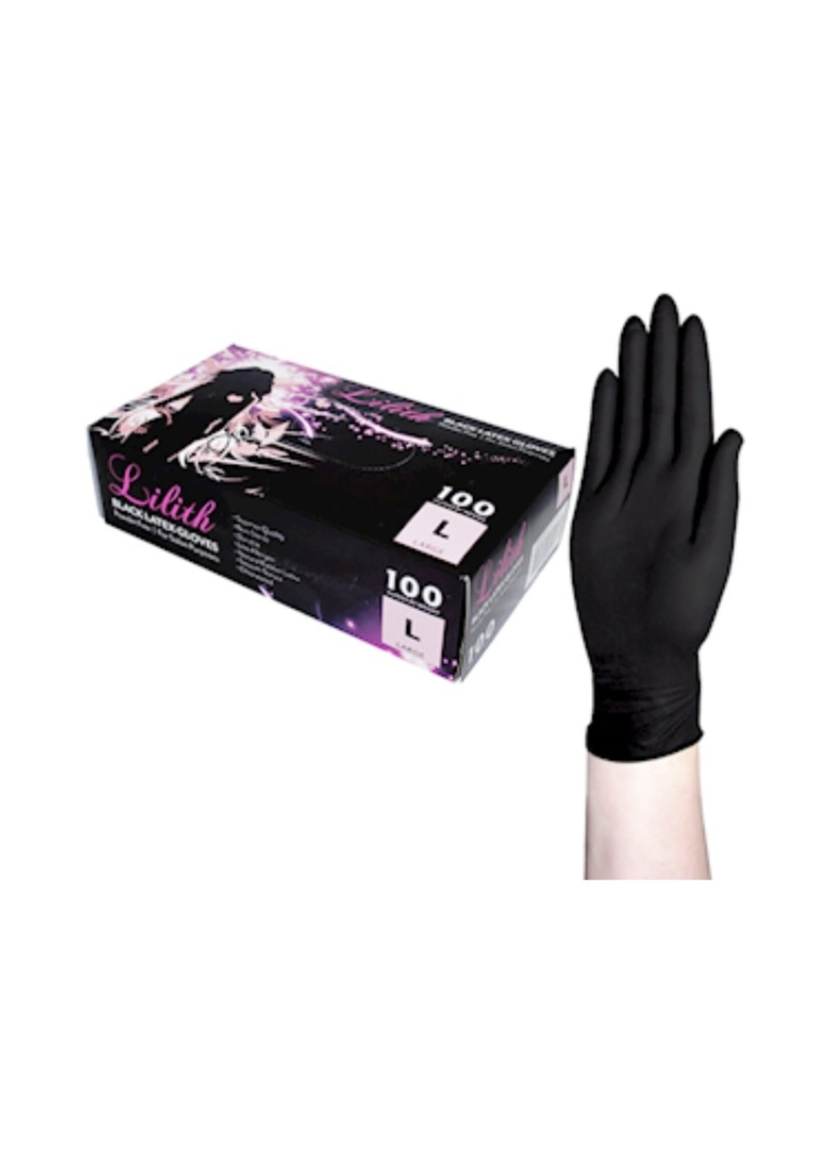 Lilith Salon Latex Gloves - Powder Free - Black - Large - Box 100pcs