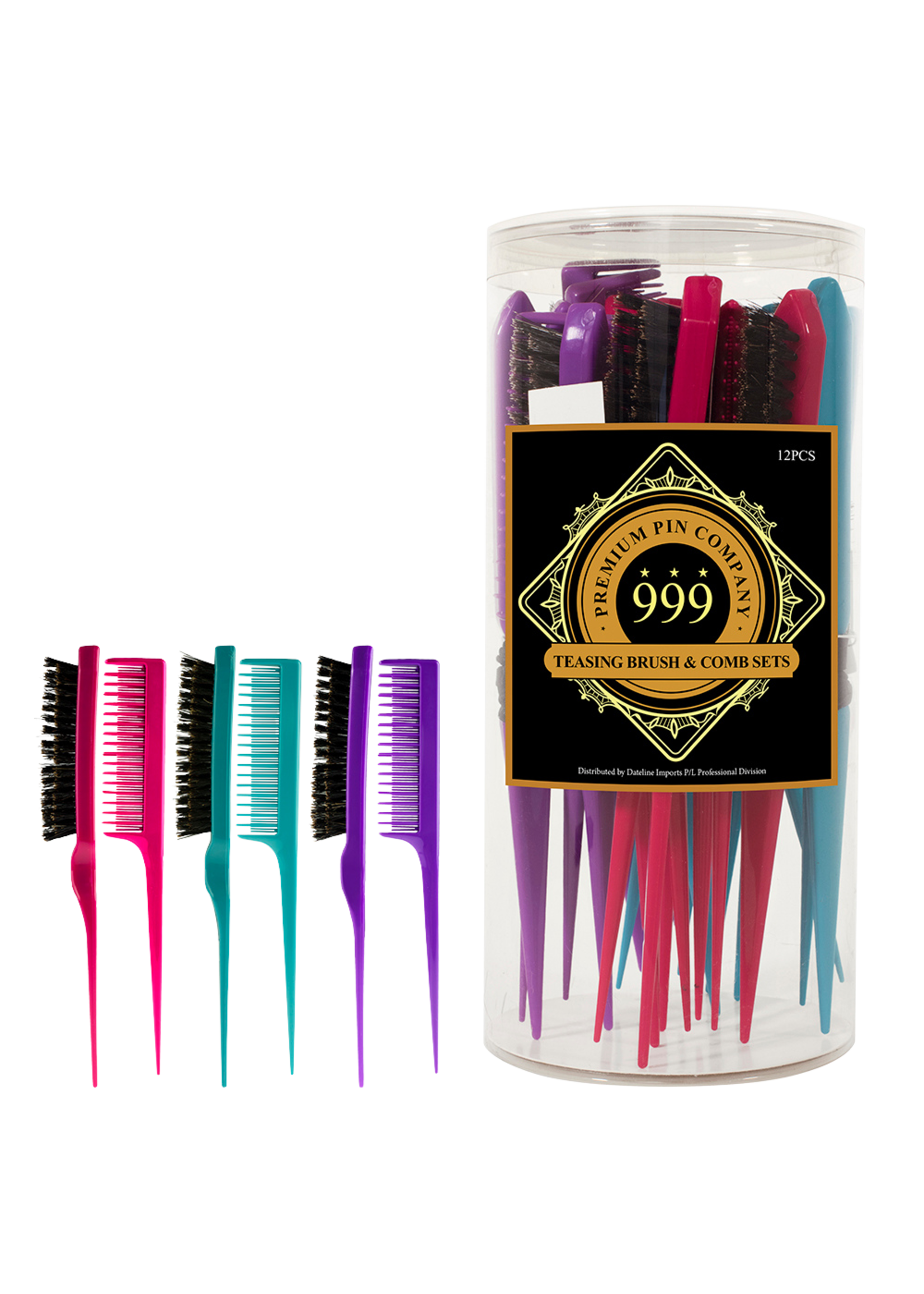 999 Premium Pin Company 999 Teasing Brush & Comb Duos Coloured Tub 12pcs