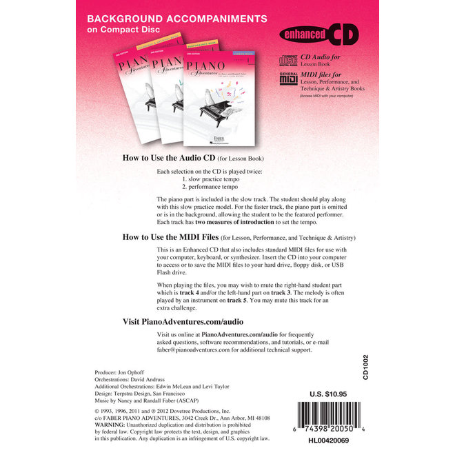 Piano Adventures Level 1 Lesson Book Background Accompaniments on CD.