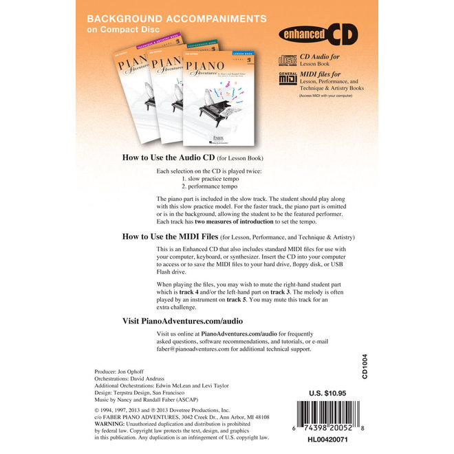 Faber Piano Adventures Level 2B Lesson Book Background Accompaniments on CD.