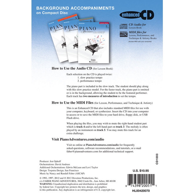 Faber Piano Adventures Level 2A Lesson Book, Background Accompaniments on CD