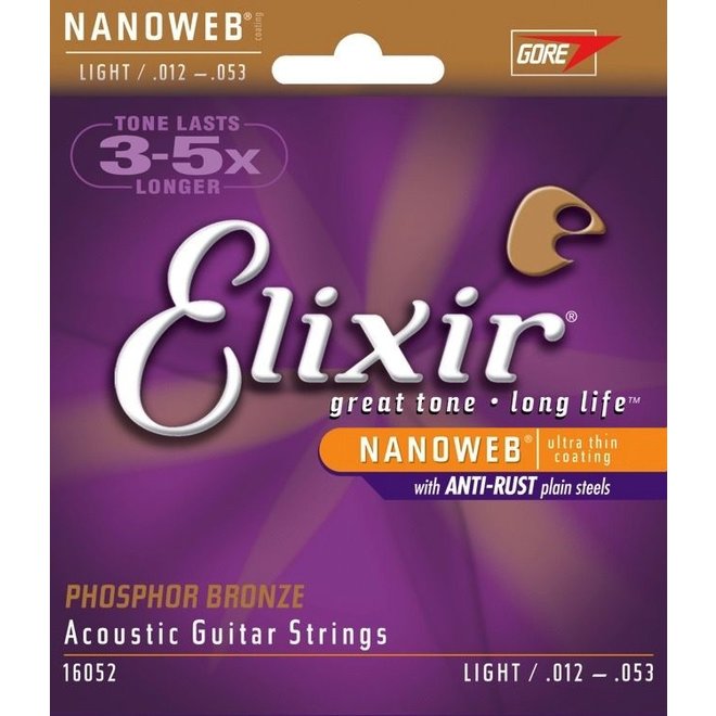 Elixir 16052 Nanoweb Phosphor Bronze Acoustic Guitar Strings, 12-53 Light