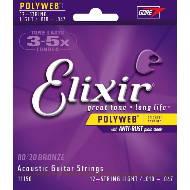 Elixir 11150 Polyweb 80/20 Bronze Acoustic Guitar Strings, 10-47 Light, 12-String