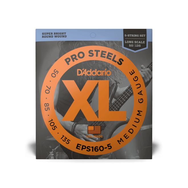 D'Addario EPS160-5 XL Pro Steels Bass Guitar Strings, 50-135 Medium, Long Scale, 5-String