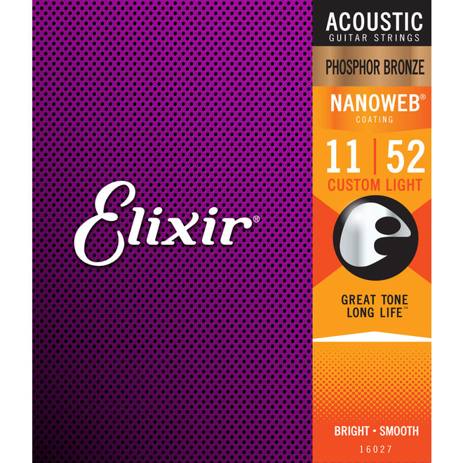 Elixir 16027 Nanoweb Phosphor Bronze Acoustic Guitar Strings, 11-52 Custom Light