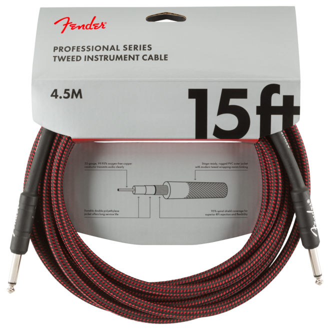 Fender Professional Series Instrument Cable, Red Tweed, Straight/Straight, 15’