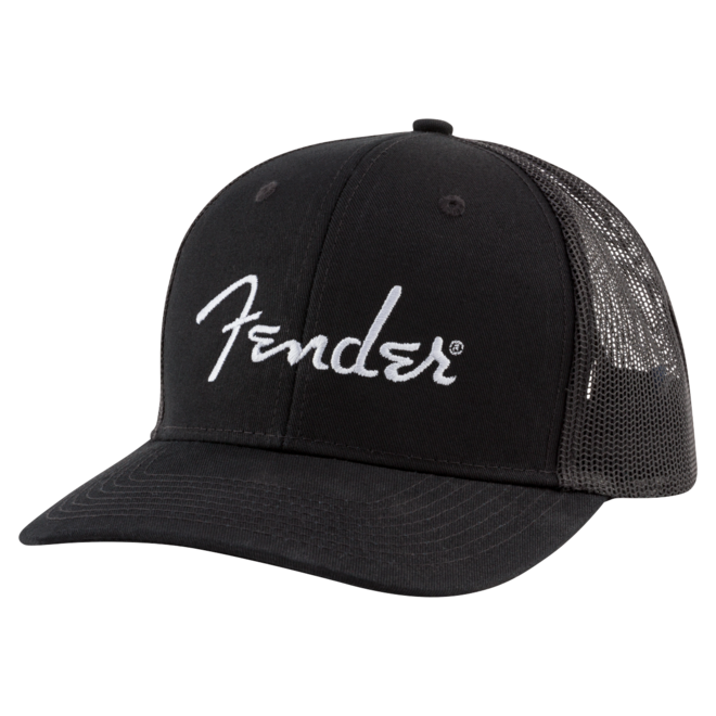Fender Silver Thread Logo Snap Back Trucker Hat, Black, One Size Fits Most