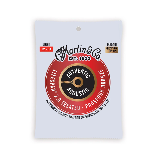 Martin MA540T Authentic Acoustic Lifespan 2.0 Treated 92/8 Phosphor Bronze Guitar Strings, 12-54 Light