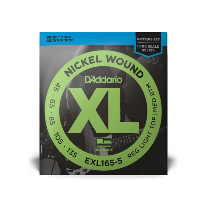 D'Addario EXL165-5 XL Nickel Wound Bass Guitar Strings, 45-130 Light/Medium, Long Scale, 5-String
