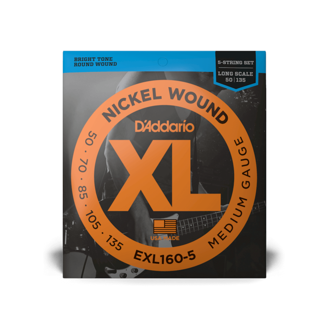 D'Addario EXL160-5 XL Nickel Wound Bass Guitar Strings, 50-135 Medium, Long Scale, 5-String