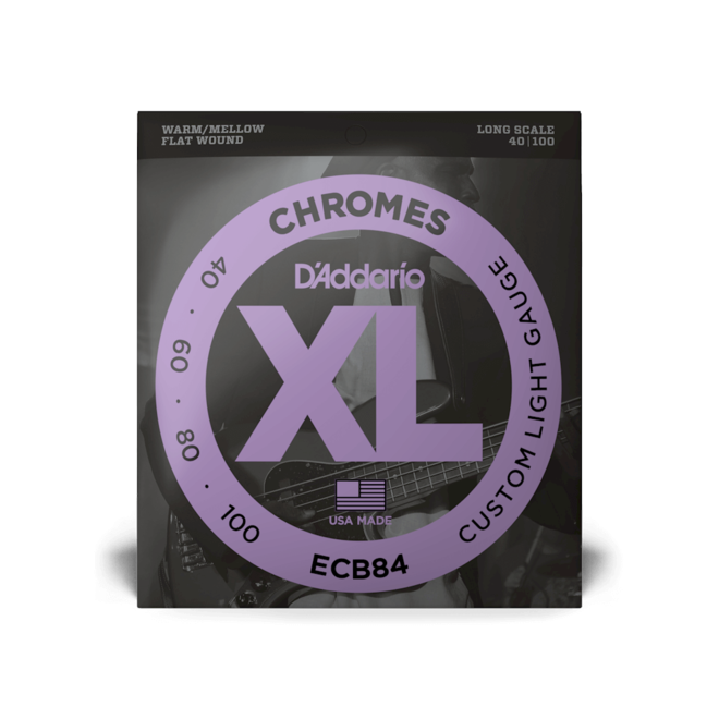 D'Addario ECB84 XL Chromes Flatwound Bass Guitar Strings, 40-100 Custom Light, Long Scale