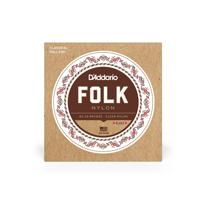 D'Addario EJ33 Folk Nylon Classical Strings, Bronze/Clear Nylon, Ball End, 80/20