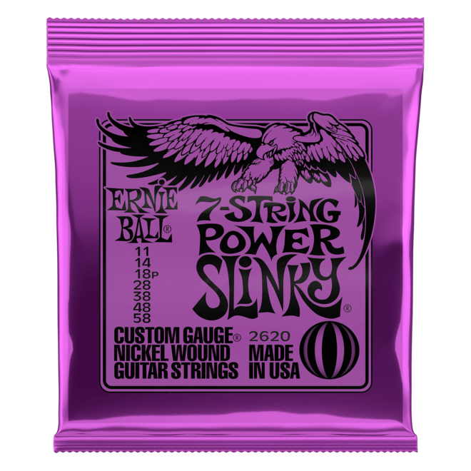 Ernie Ball 2620 Power Slinky Nickel Wound Electric Guitar Strings, 7-String, 11-58