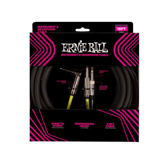 Ernie Ball 6411 Instrument & Headphone Combo Cable, 18'