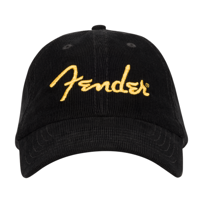 Fender Gold Spaghetti Logo Corduroy Baseball Hat, Black, One Size