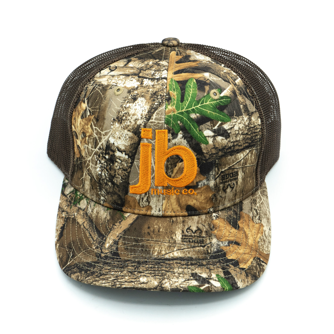 JB Music Co. Mesh Back Trucker Hat, Realtree Camo/Brown, Embroidered Original Logo