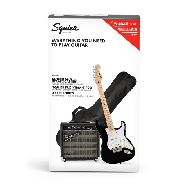 Squier Sonic Stratocaster Pack, Black, w/Gigbag & Frontman 10G