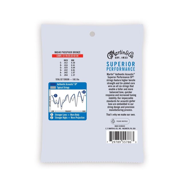 Martin MA540 Authentic Acoustic Superior Performance 92/8 Phosphor Bronze Guitar Strings, 12-54 Light