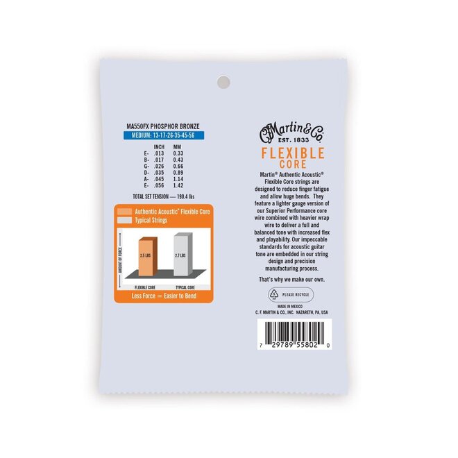 Martin MA550FX Authentic Acoustic Flexible Core 92/8 Phosphor Bronze Guitar Strings, 13-56 Medium