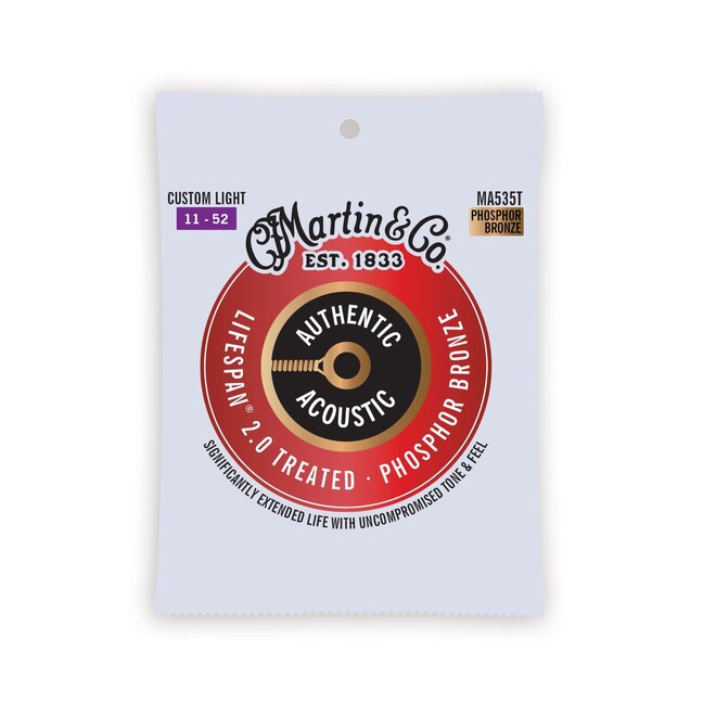 Martin MA535T Authentic Acoustic Lifespan 2.0 Treated 92/8 Phosphor Bronze Guitar Strings, 11-52 Custom Light
