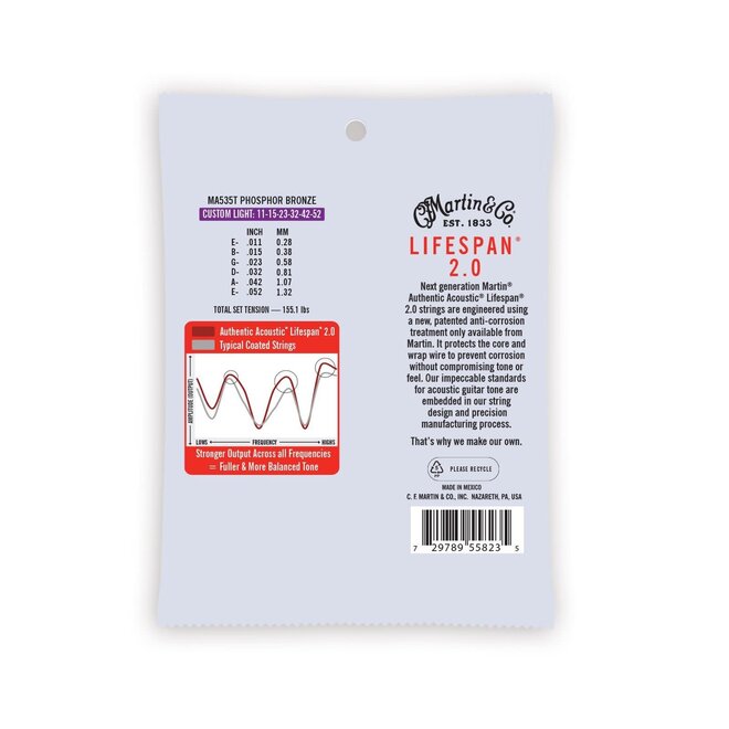 Martin MA535T Authentic Acoustic Lifespan 2.0 Treated 92/8 Phosphor Bronze Guitar Strings, 11-52 Custom Light