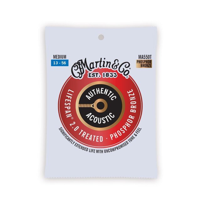 Martin MA550T Authentic Acoustic Lifespan 2.0 Treated 92/8 Phosphor Bronze Guitar Strings, 13-56 Medium