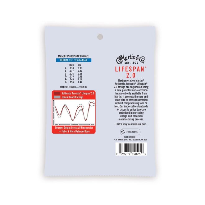 Martin MA550T Authentic Acoustic Lifespan 2.0 Treated 92/8 Phosphor Bronze Guitar Strings, 13-56 Medium